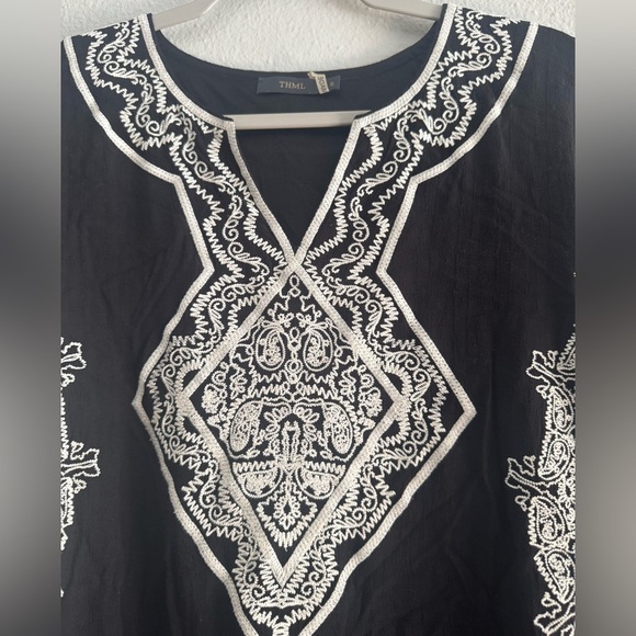 THML Black Mini Dress / Tunic with White Embroidery. Sz Small - Picture 4 of 10